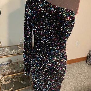 Black Multi Sequin One Shoulder Formal. Event Dress
